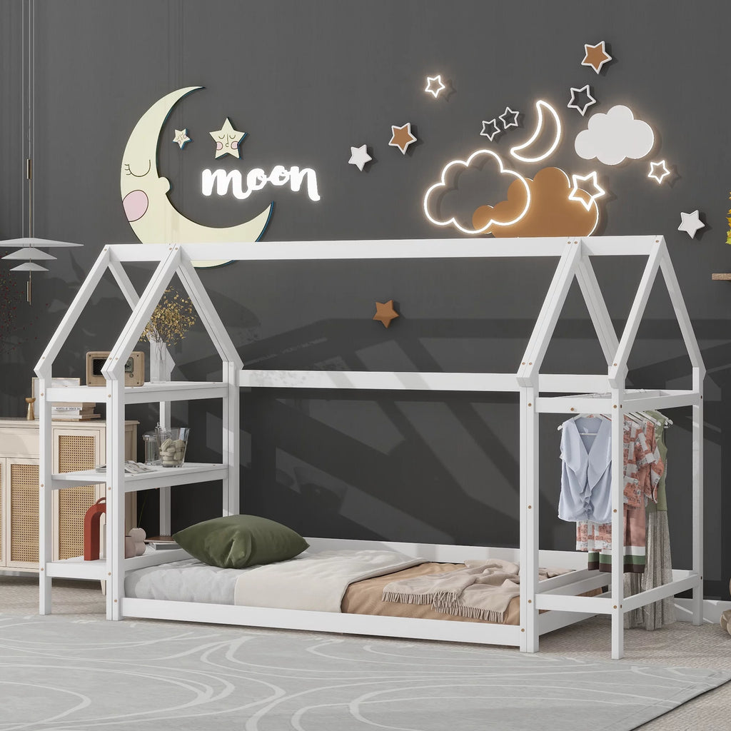 Twin House-Shaped Floor Bed Frame with 2 Detachable Stands White Z31341