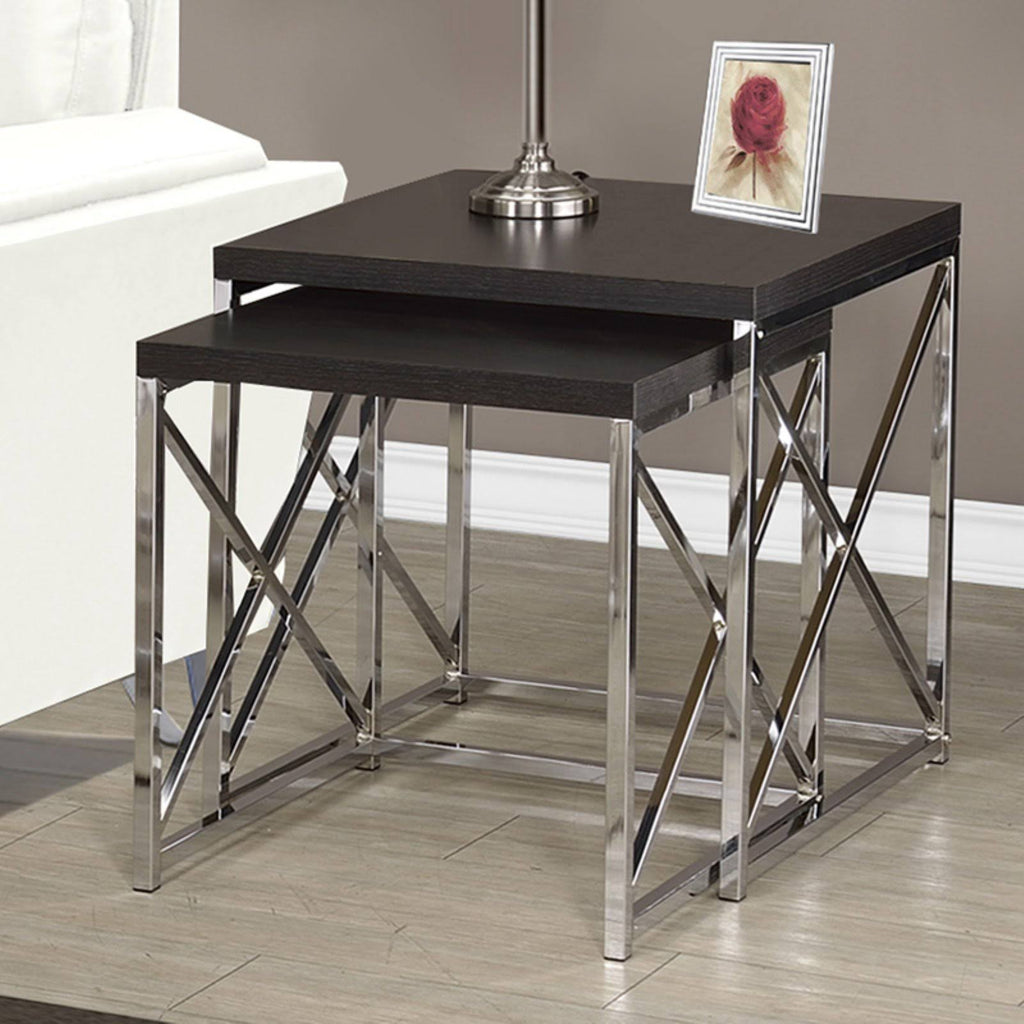 Nesting Table 2pcs Set Cappuccino Chrome Metal V97880