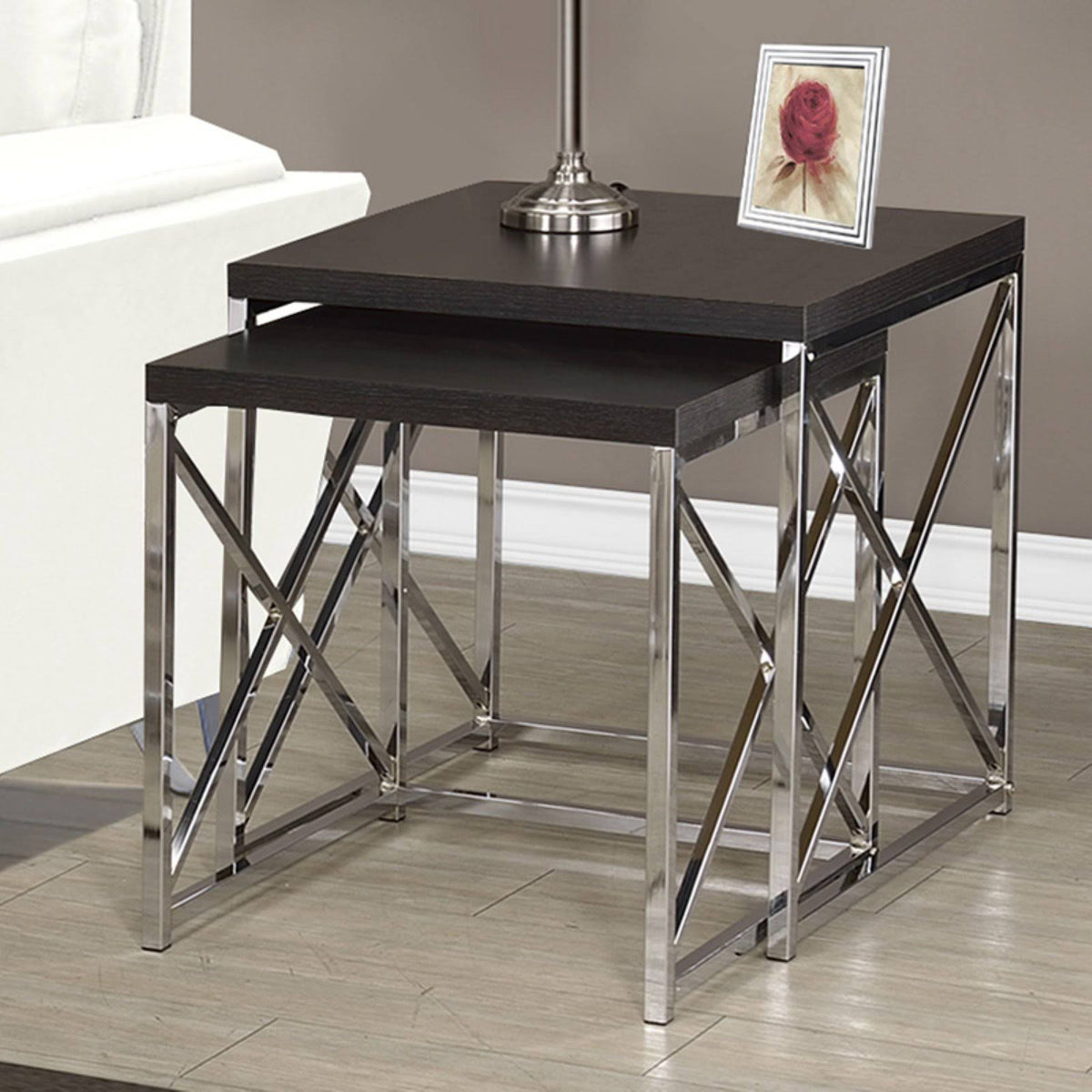 Nesting Table 2pcs Set Cappuccino Chrome Metal V97880