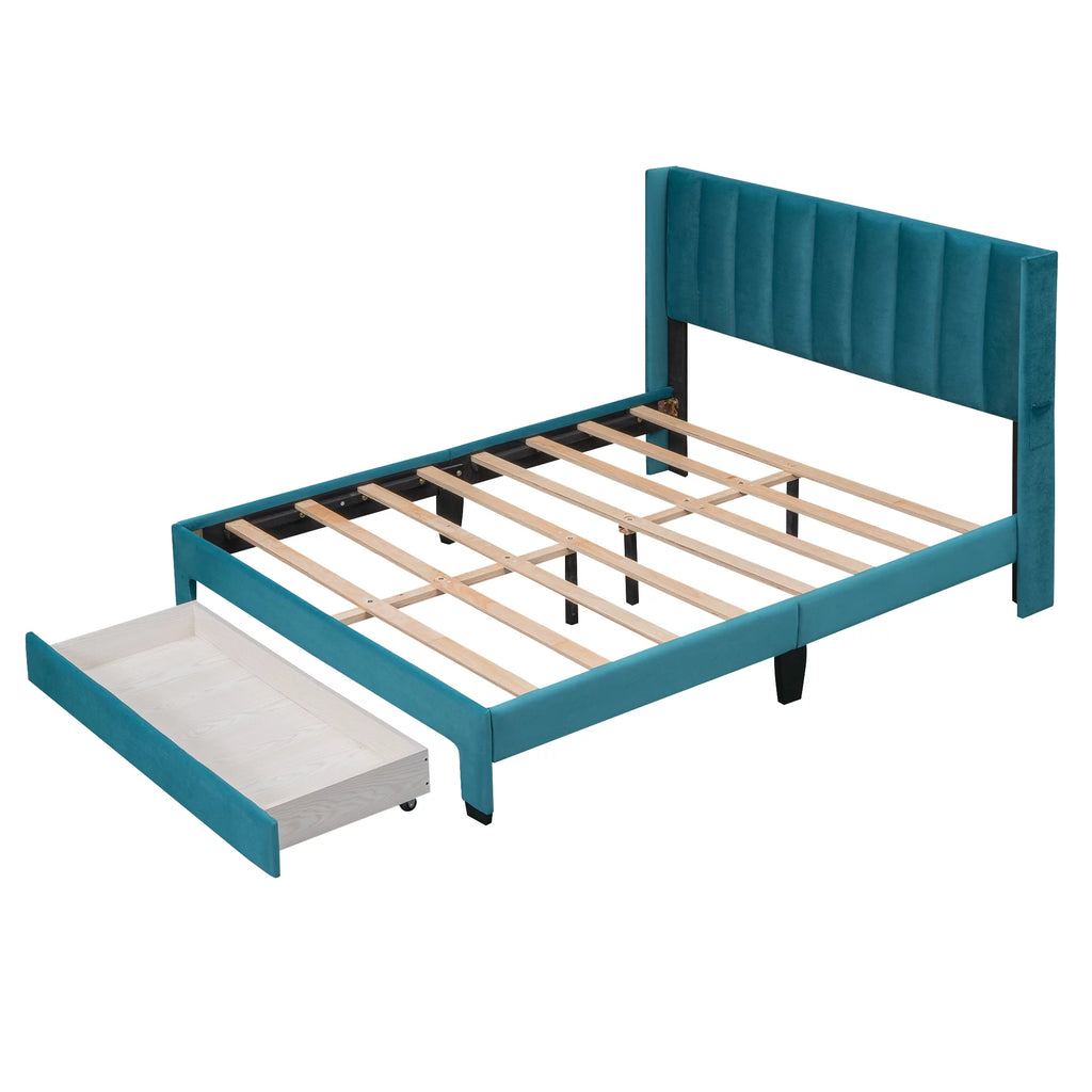 Queen Size Velvet Upholstered Platform Bed with Storage and Headboard P791