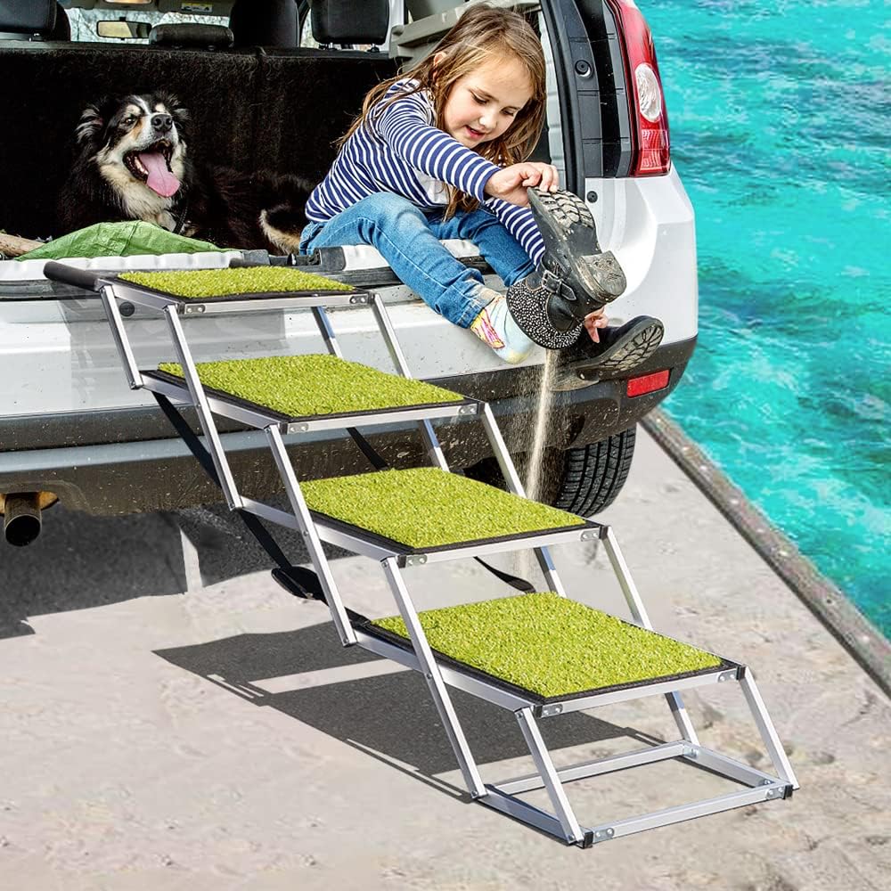 Extra Wide Aluminum Foldable Dog Car Stair with Nonslip Surface, 4 Steps D514798