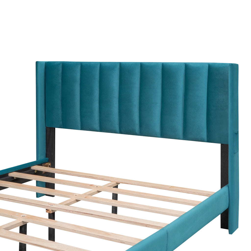 Queen Size Velvet Upholstered Platform Bed with Storage and Headboard P791